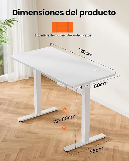 ErGear 120x60, escritorio elevable de color blanco con tablero de 120 cm de ancho — imagen 4 de 6