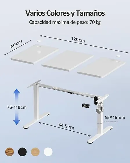 Devoko 120x60, escritorio elevable de color blanco con tablero de 120 cm de ancho — imagen 2 de 6