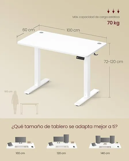 VASAGLE 100x60, escritorio elevable de color blanco nube con tablero de 100 cm de ancho — imagen 3 de 6