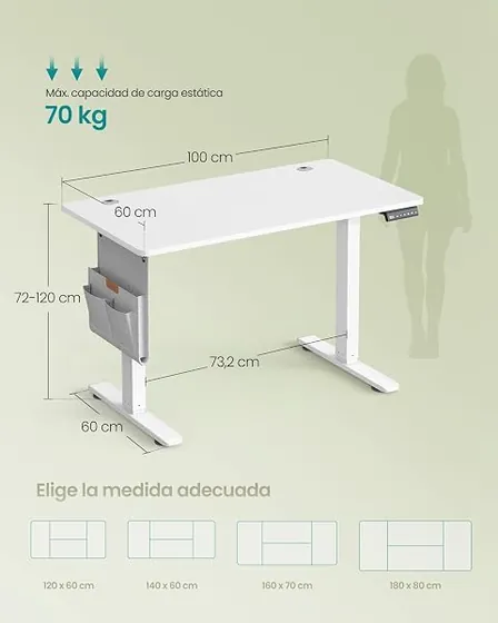 WOLTU 80x48, escritorio elevable de color blanco con tablero de 80 cm de ancho — imagen 3 de 6