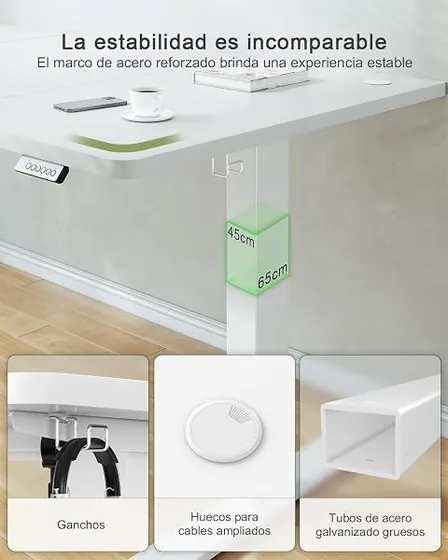 VASAGLE 160x80 con cajón, escritorio elevable de color blanco nube con tablero de 160 cm de ancho — imagen 5 de 6