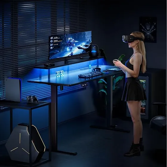 HLFURNIEU gaming 120x60, escritorio elevable de color negro con tablero de 120 cm de ancho — imagen 2 de 6