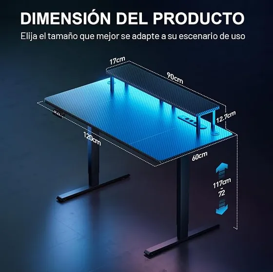 HLFURNIEU gaming 120x60, escritorio elevable de color negro con tablero de 120 cm de ancho — imagen 3 de 6