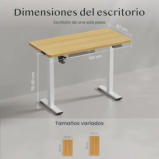 VASAGLE 120x60, escritorio elevable de color blanco nube con tablero de 120 cm de ancho — imagen 2 de 6