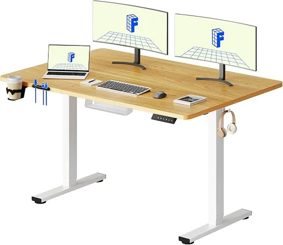 FLEXISPOT 140x60 carga 100, escritorio elevable de color marco blanco+tablero arce con tablero de 140 cm de ancho