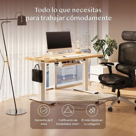 FLEXISPOT 140x60 carga 100, escritorio elevable de color marco blanco+tablero arce con tablero de 140 cm de ancho — imagen 2 de 6