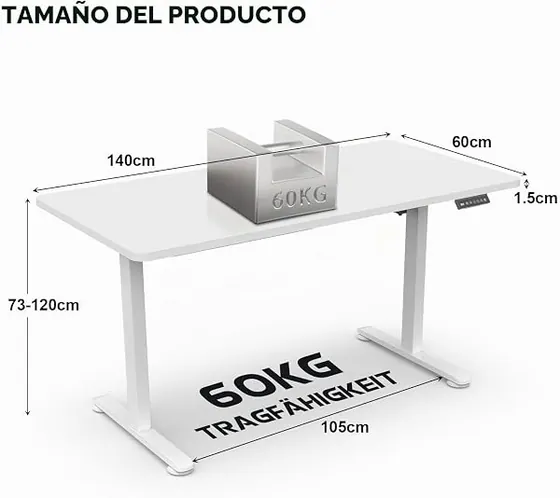 Homall 140x60, escritorio elevable de color color blanco. con tablero de 140 cm de ancho — imagen 3 de 6