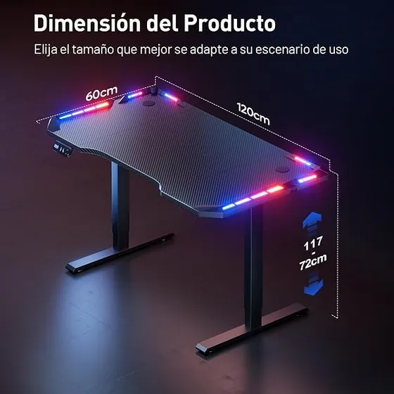 SOLAVERO gaming LED 120x60, escritorio elevable de color negro con tablero de 120 cm de ancho — imagen 3 de 6