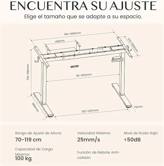Devoko 160x70, escritorio elevable de color marrón con tablero de 160 cm de ancho — imagen 2 de 6