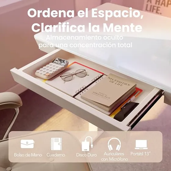 HUANUO 88x50 de cristal, escritorio elevable de color vidrio blanco con tablero de 88 cm de ancho — imagen 5 de 6