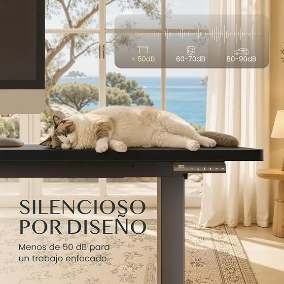 VASAGLE 140x60 con enchufes, escritorio elevable de color blanco nube con tablero de 140 cm de ancho — imagen 6 de 6