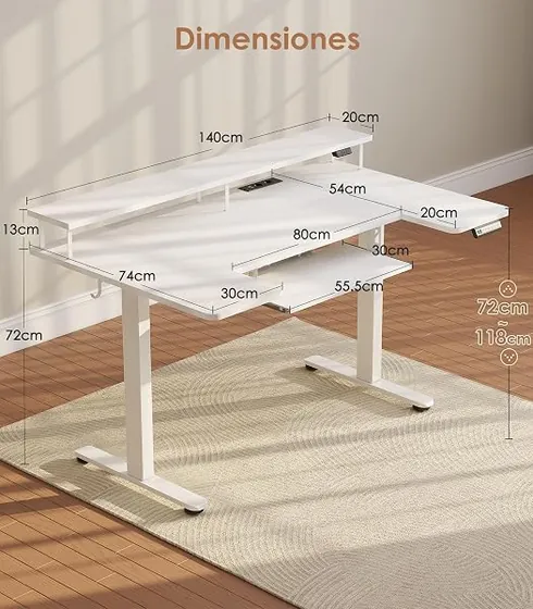 OffiGo 140x74 con soporte, escritorio elevable de color blanco con tablero de 140 cm de ancho — imagen 2 de 6