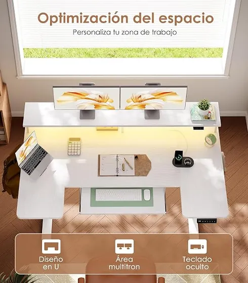 OffiGo 140x74 con soporte, escritorio elevable de color blanco con tablero de 140 cm de ancho — imagen 3 de 6