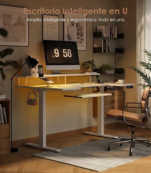 OffiGo 140x74 con soporte, escritorio elevable de color blanco con tablero de 140 cm de ancho — imagen 6 de 6