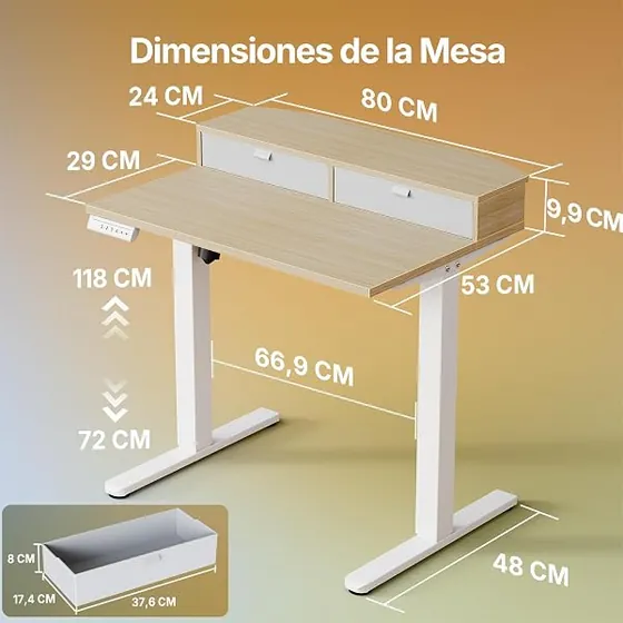 HUANUO 80x53 con cajones, escritorio elevable de color color madera clara con tablero de 80 cm de ancho — imagen 2 de 6