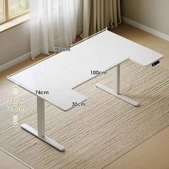 OffiGo 160x70 en U, escritorio elevable de color blanco con tablero de 160 cm de ancho — imagen 2 de 6