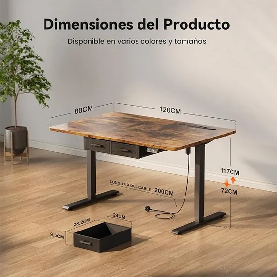 SOLAVERO 120x80 con regleta, escritorio elevable de color marrón con tablero de 120 cm de ancho — imagen 2 de 6
