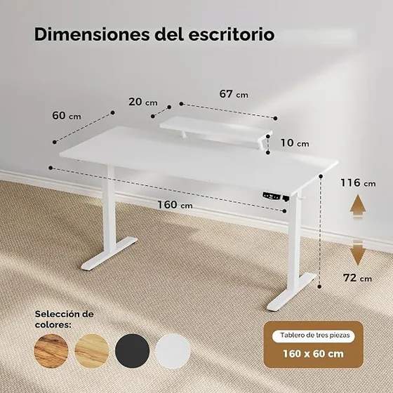 Agilestic 160x60 con soporte, escritorio elevable de color blanco con tablero de 160 cm de ancho — imagen 2 de 6