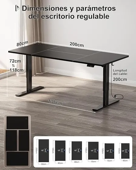 Homall 160x80, escritorio elevable de color negro con tablero de 160 cm de ancho — imagen 2 de 6