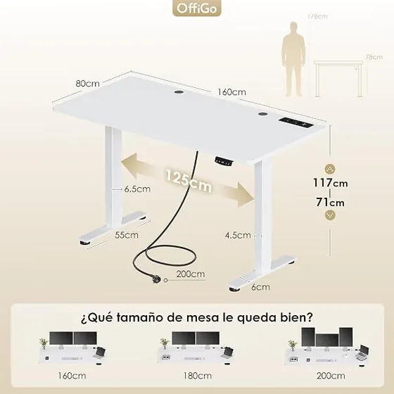 OffiGo 160x80 con enchufes, escritorio elevable de color blanco con tablero de 160 cm de ancho — imagen 3 de 6