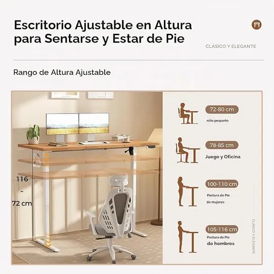 Klicelor 130x60, escritorio elevable de color marrón claro con tablero de 130 cm de ancho — imagen 3 de 6