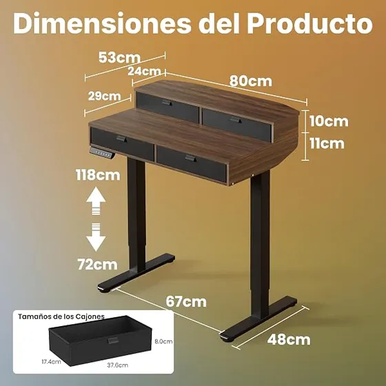 HUANUO 80x53 nogal, escritorio elevable de color color madera de nuez oscura con tablero de 80 cm de ancho — imagen 2 de 6
