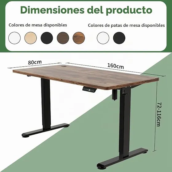 Devoko 160x80 marrón, escritorio elevable de color marrón+negro con tablero de 160 cm de ancho — imagen 3 de 6