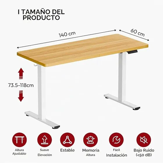 SANODESK QS+ 140x60, escritorio elevable de color blanco+arce con tablero de 140 cm de ancho — imagen 3 de 6