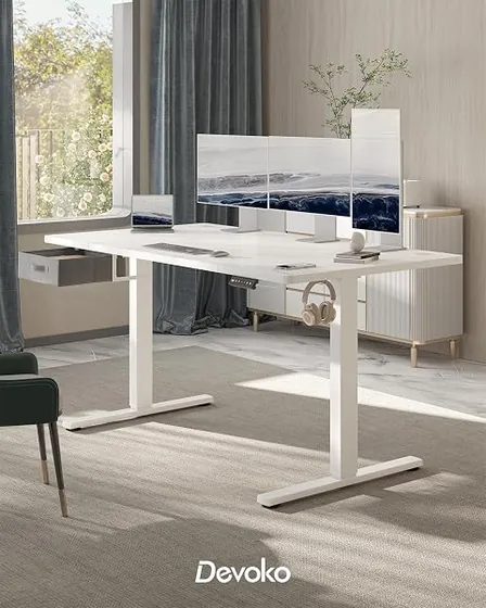 Devoko 140x80 con cajón, escritorio elevable de color blanco con tablero de 140 cm de ancho — imagen 2 de 6