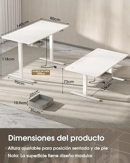 Devoko 140x80 con cajón, escritorio elevable de color blanco con tablero de 140 cm de ancho — imagen 3 de 6