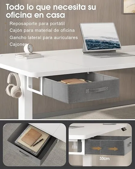 Devoko 140x80 con cajón, escritorio elevable de color blanco con tablero de 140 cm de ancho — imagen 4 de 6