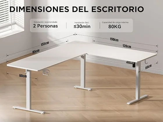 WALKINGDESK 190x150 en L, escritorio elevable de color blanco con tablero de 190 cm de ancho — imagen 4 de 6