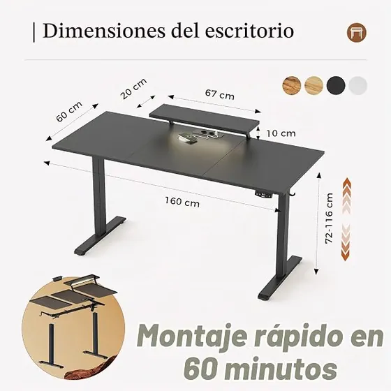 Klicelor con soporte y LED, escritorio elevable de color negro — imagen 3 de 6
