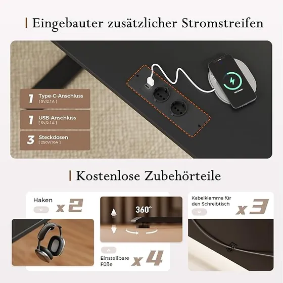 Klicelor con soporte y LED, escritorio elevable de color negro — imagen 4 de 6