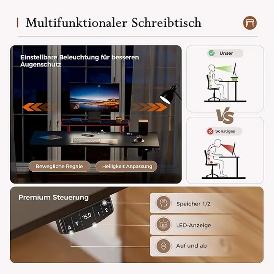 Klicelor con soporte y LED, escritorio elevable de color negro — imagen 5 de 6