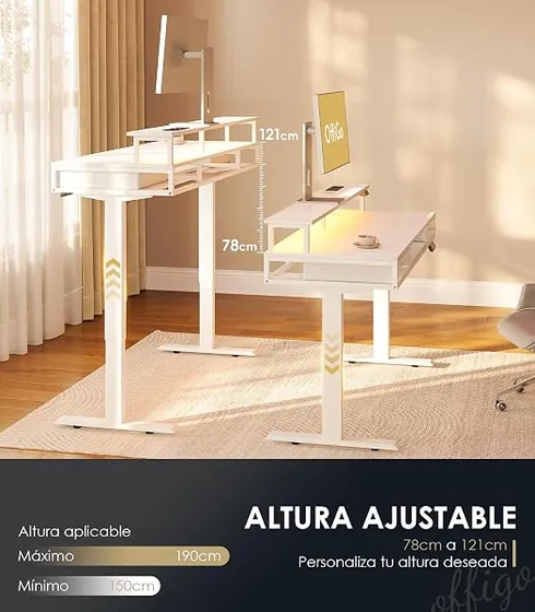 OffiGo 120 con dos cajones, escritorio elevable de color blanco + led — imagen 3 de 6