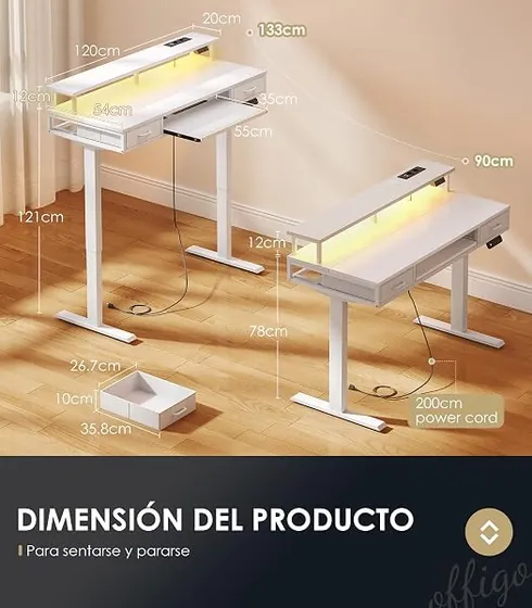 OffiGo 120 con dos cajones, escritorio elevable de color blanco + led — imagen 4 de 6