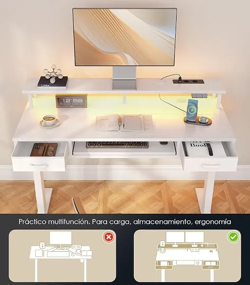 OffiGo 120 con dos cajones, escritorio elevable de color blanco + led — imagen 6 de 6