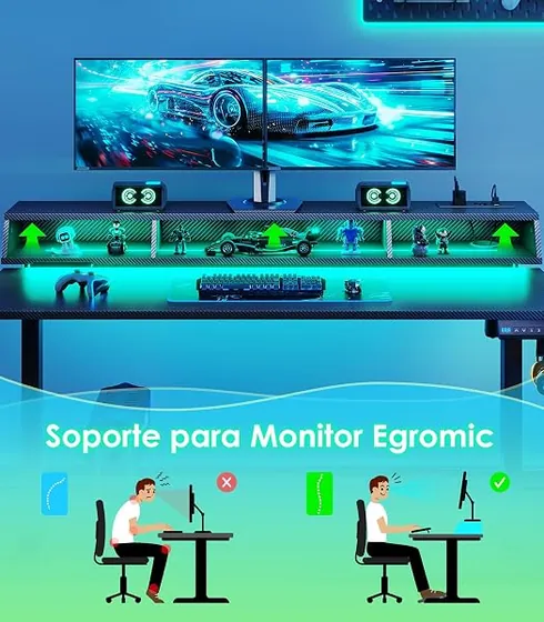 OffiGo gaming 140x60 RGB, escritorio elevable de color negro con tablero de 140 cm de ancho — imagen 2 de 6