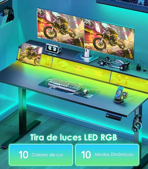 OffiGo gaming 140x60 RGB, escritorio elevable de color negro con tablero de 140 cm de ancho — imagen 3 de 6