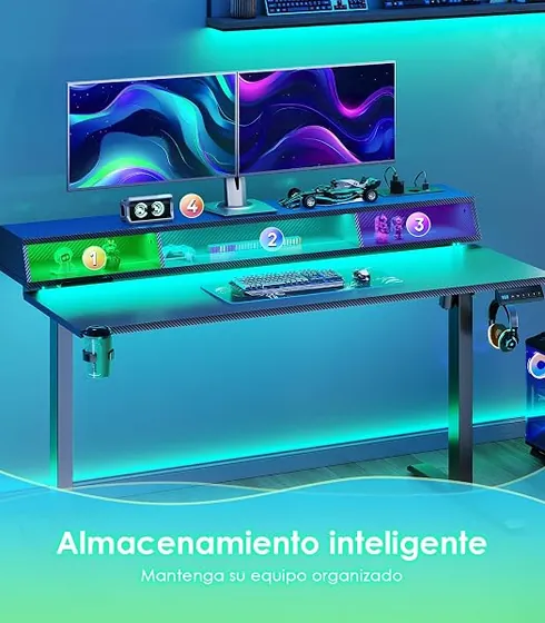 OffiGo gaming 140x60 RGB, escritorio elevable de color negro con tablero de 140 cm de ancho — imagen 4 de 6