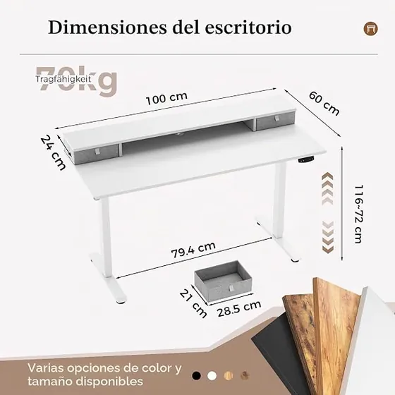 Klicelor 100x60 con cajones, escritorio elevable de color blanc con tablero de 100 cm de ancho — imagen 2 de 6