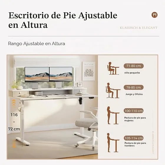 Klicelor 100x60 con cajones, escritorio elevable de color blanc con tablero de 100 cm de ancho — imagen 3 de 6