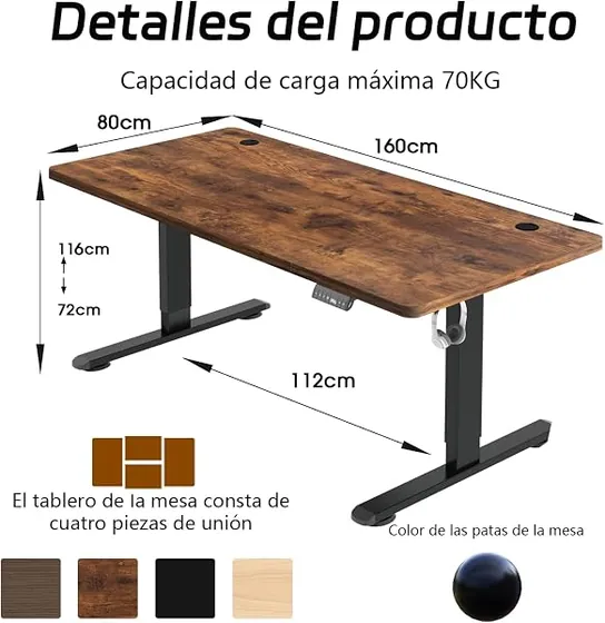 Airfish 160x80 USB, escritorio elevable de color marrón con tablero de 160 cm de ancho — imagen 3 de 6