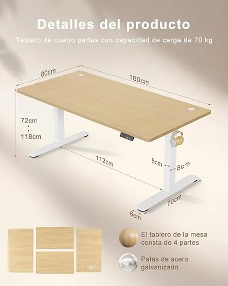 TRIUMPHKEY 160x80, escritorio elevable de color roble beige con tablero de 160 cm de ancho — imagen 2 de 6