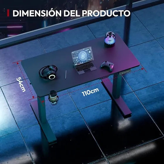SANODESK QS-Gaming 110x54, escritorio elevable de color negro con tablero de 110 cm de ancho — imagen 3 de 6
