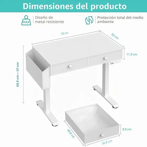 Lufeiya 80x50 con cajones, escritorio elevable de color blanco con tablero de 80 cm de ancho — imagen 3 de 6