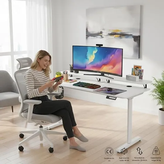 SOSINYA 140x60, escritorio elevable de color blanco con tablero de 140 cm de ancho — imagen 2 de 6