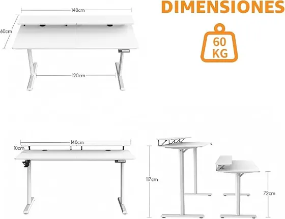 SOSINYA 140x60, escritorio elevable de color blanco con tablero de 140 cm de ancho — imagen 3 de 6
