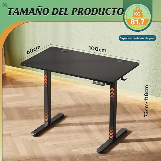 DEVAISE 100x60 monobloque, escritorio elevable de color negro con tablero de 100 cm de ancho — imagen 3 de 6